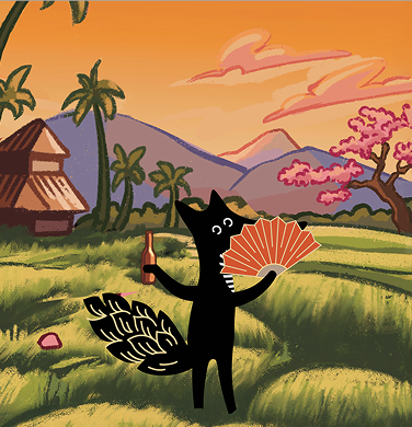 Illustration of a black cat in a tropical setting with mountains and palm trees.